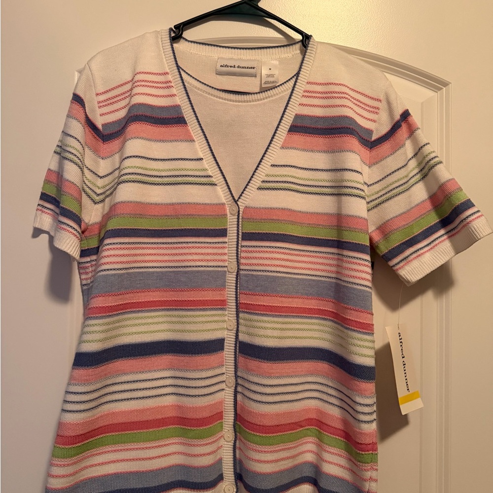 Alfred Dunner Cape May Womens Medium Striped Short Sleeve Cardigan Sweater NWT - Picture 3 of 7